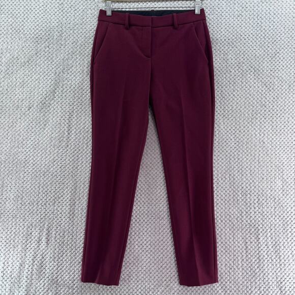 Theory Pants Women 0 Burgundy Wool Slim Straight Mid Rise Career Workwear Preppy - Picture 1 of 15